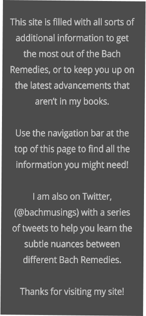 This site is filled with all sorts of additional information to get the most out of the Bach Remedies, or to keep you up on the latest advancements that arent in my books.    Use the navigation bar at the top of this page to find all the information you might need!   I am also on Twitter, (@bachmusings) with a series of tweets to help you learn the subtle nuances between different Bach Remedies.  Thanks for visiting my site!